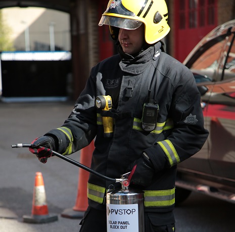 Firefighter wearing uniform with  a PVStop trial 