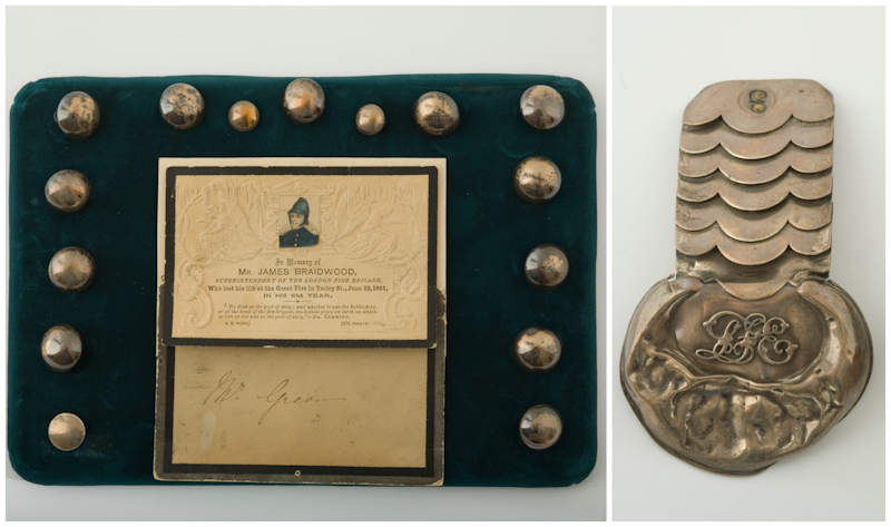 Buttons saved from Braidwood's tunic are arranged around a mourning card. His epaulette, worn on the shoulder, was dented and distorted by the wall that fell onto him.