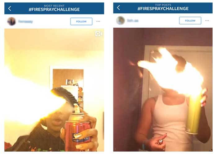 Two social media profiles with people spraying cans and setting fire to them