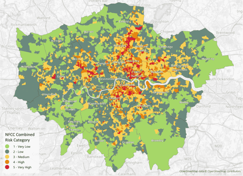 Map showing dwelling fire risk map of London using NFCC definition of risk for dwelling fires methodology. This is also explained in the text below.