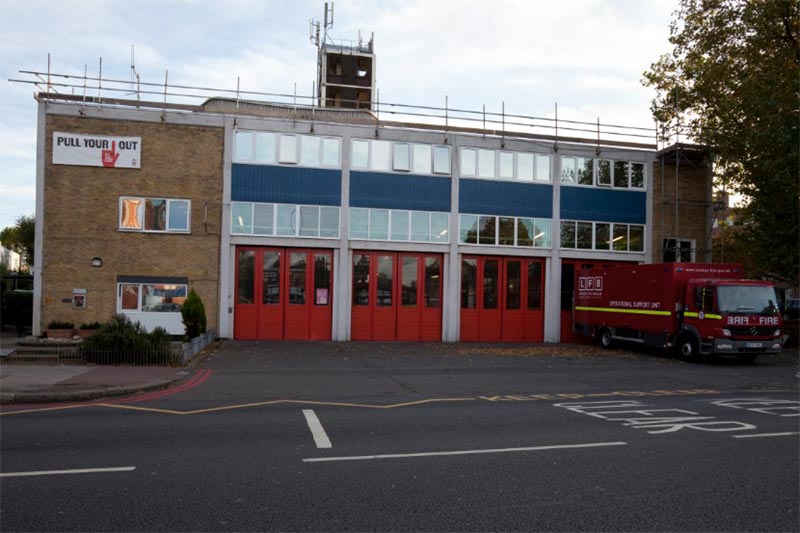 The view of Wandsworth Fire Station from the street.