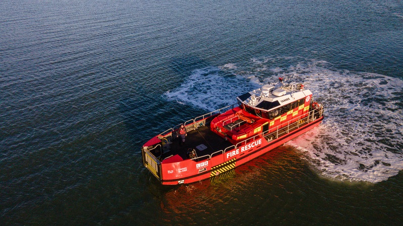 An aerial shot of the London Fire Boat Tanner