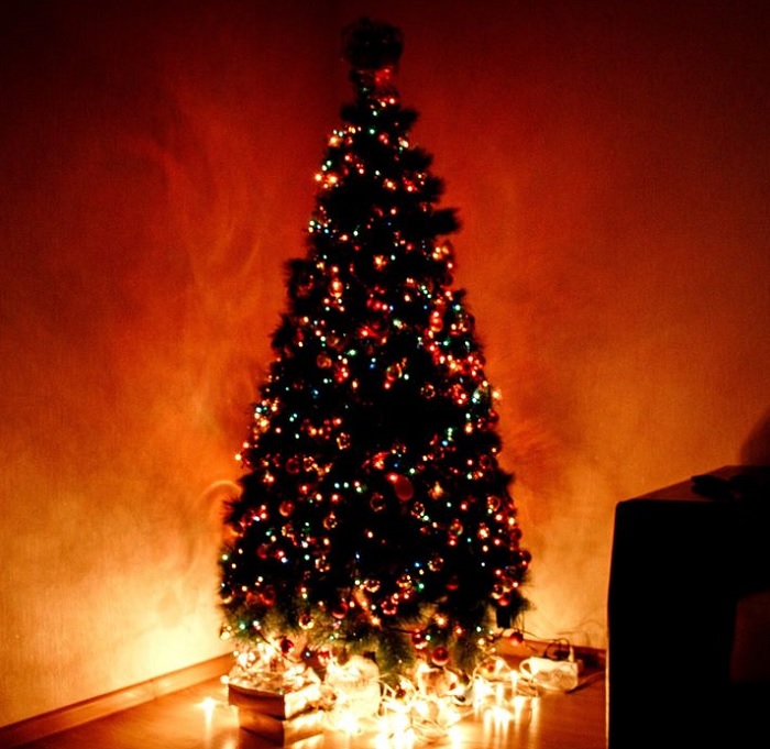 Christmas tree with lots of lights at the base. Background resembles flames.