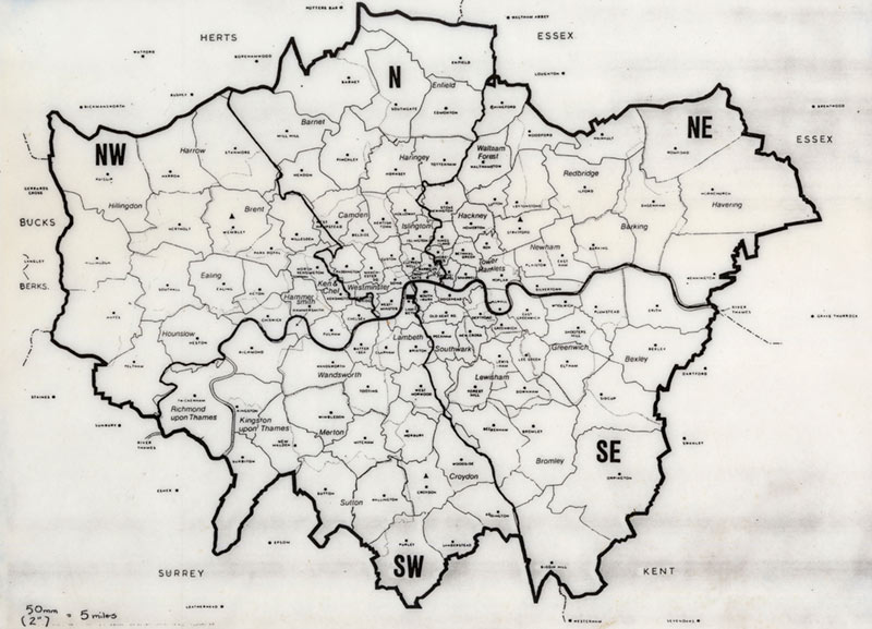 A map of Greater London, with the surrounding counties marked on.
