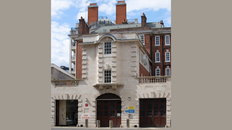 Exterior of Kensington Fire Station in 2023. The left-hand bay door is now a glazed entranceway following refurbishment works.