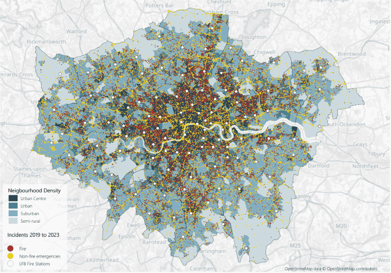 Map showing Neighbourhood Density zones overlayed with incidents. This is also explained in the text below.