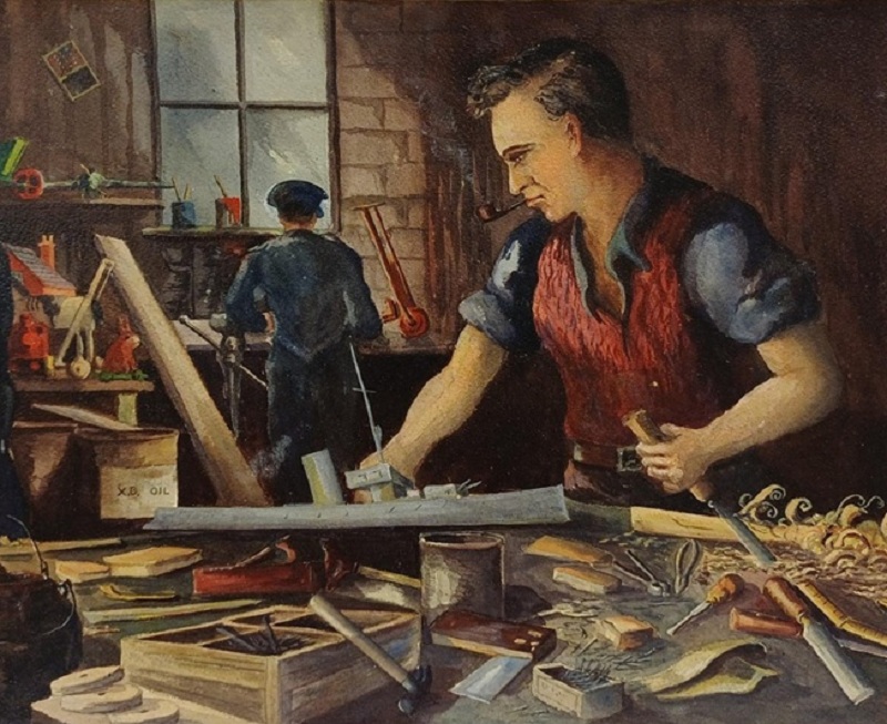 Painting of a toy-making workshop with two workers surrounded by woodworking tools and unfinished toys. In the foreground, a worker uses a hand plane on a long piece of wood at a cluttered workbench covered with chisels, saws, measuring tools, wood shavings, and timber offcuts. In the background, a worker stands at another bench. Shelves on the left display brightly coloured toy figures and model pieces. The scene is rendered in warm brown and red tones