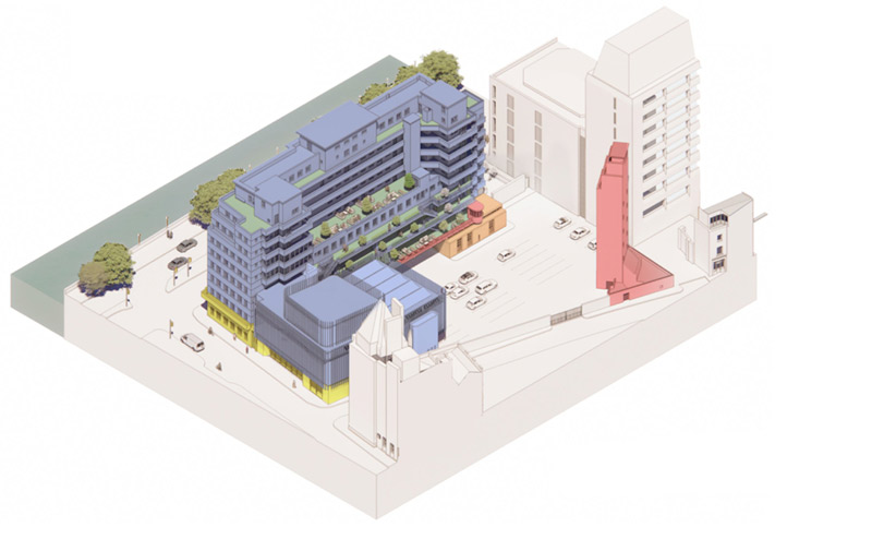 A diagrammatic image of the 8 Albert Embankment plan showing the existing building, the proposed exhibition and events space, and headquarters.