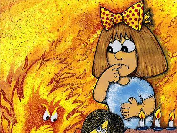A Drawing of girl standing near a fire