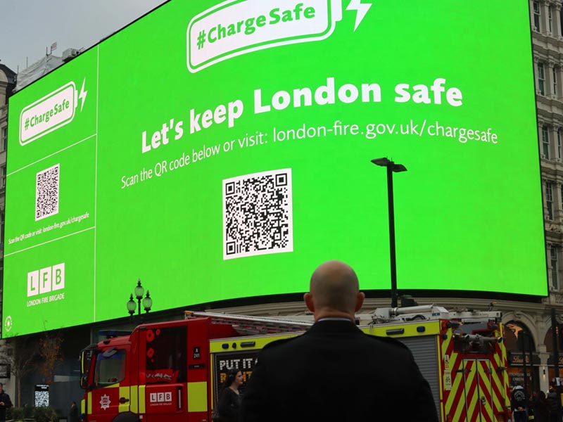 ChargeSafe campaign video on Piccadilly lights.