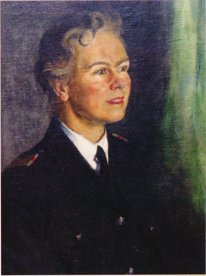 A painted portrait of a person in a dark uniform, shown from the chest up, facing slightly to the side against a muted background.  