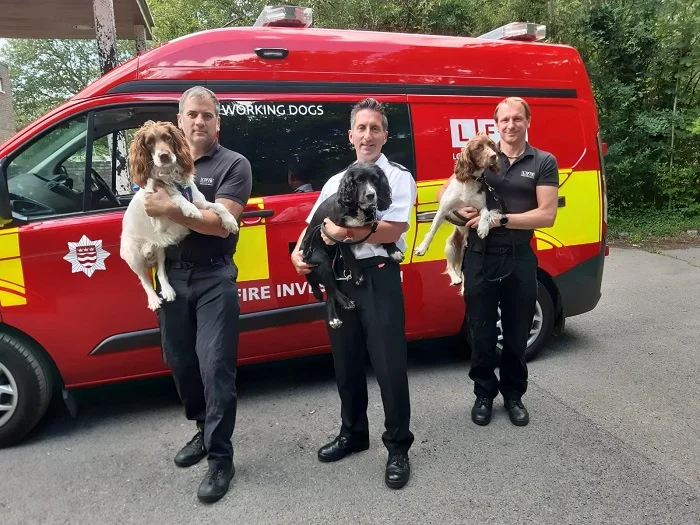 Fire investigation dogs - Simba, Sherlock and Watson with their firefighter handlers