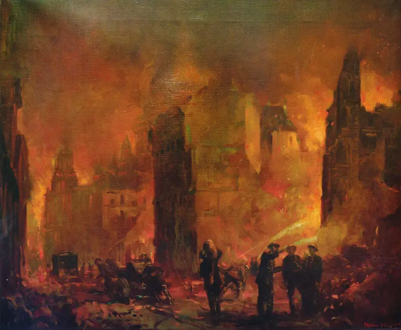 A painting of a fire