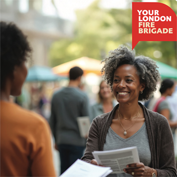 A smiling woman holding a leaflet in a street.