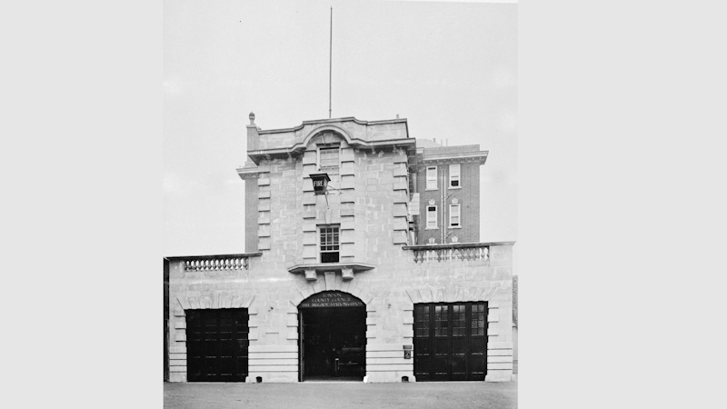 External view of the front of Kensington Fire Station in 1905. The building was just opened and the white stone work is clean with no signs of weathering yet.