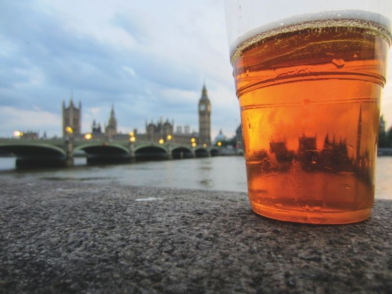 London skyline seen through a pint a beer.