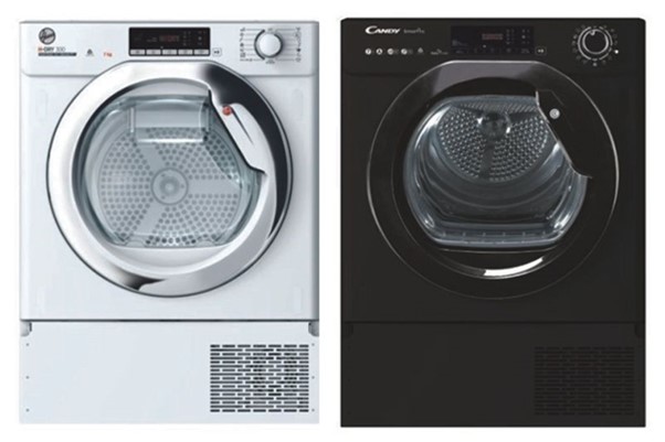 A silver tumble dryer and black Candy tumble dryer side by side