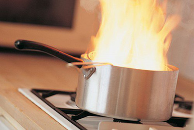 A saucepan on a hob with flames coming out of it.
