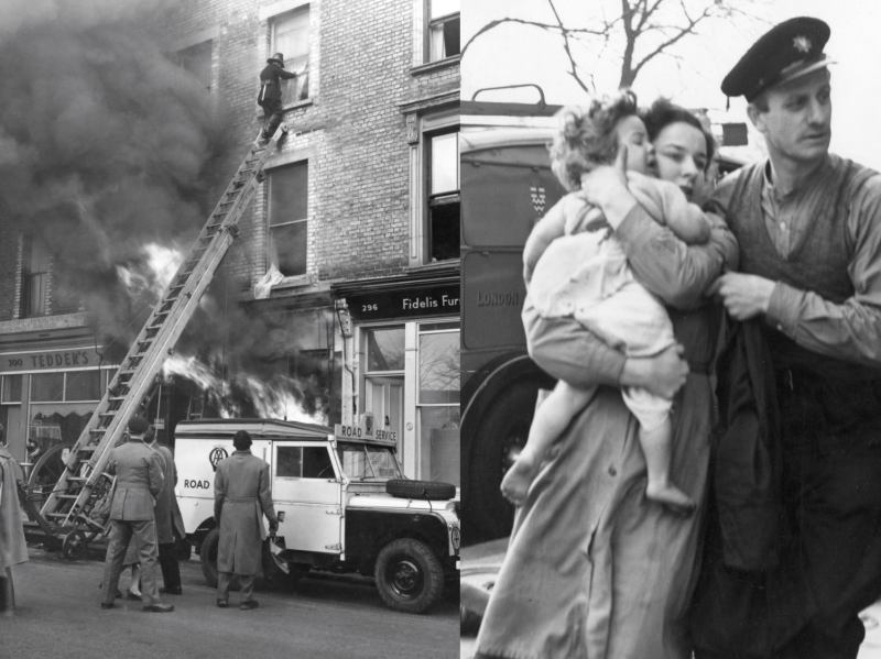 Composite photograph of the successful rescue of Dennis from a fire in South Kensington in 1956, showing firefighters climbing an escape ladder amid smoke and flames and the child's reunion with family following the incident.