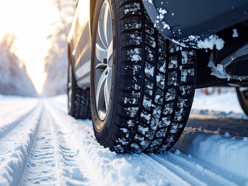 A close up shot of car tyres on a snowy road.
