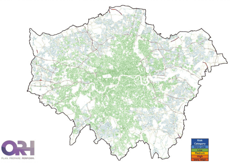 Map showing Road Traffic Collision Risk Map of London using NFCC Definition of risk method. This is also explained in the text below.