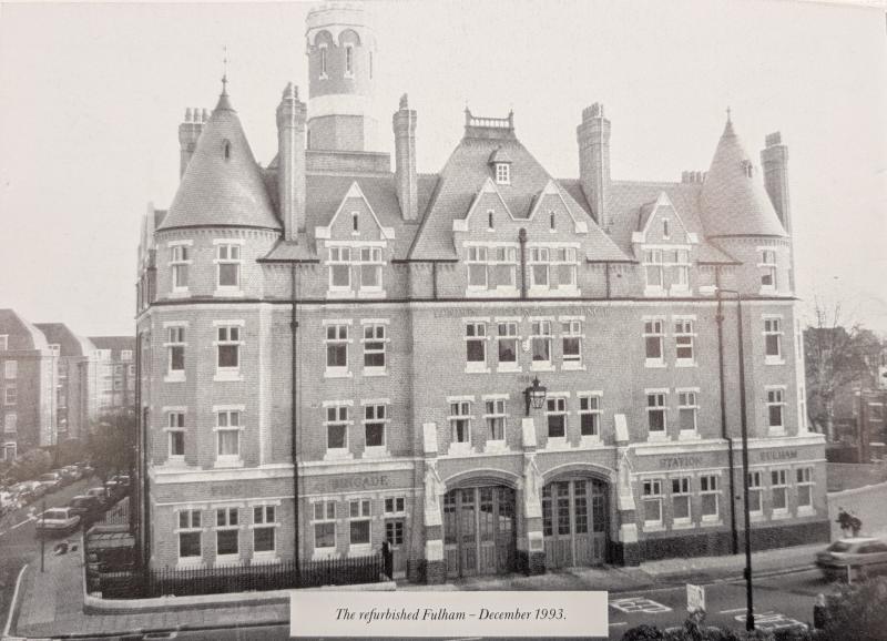 Photograph of Fulham Fire Station following refurbishment in 1993, showing the Grade II listed station building and its prominent Victorian design shortly before returning to full operational use.
