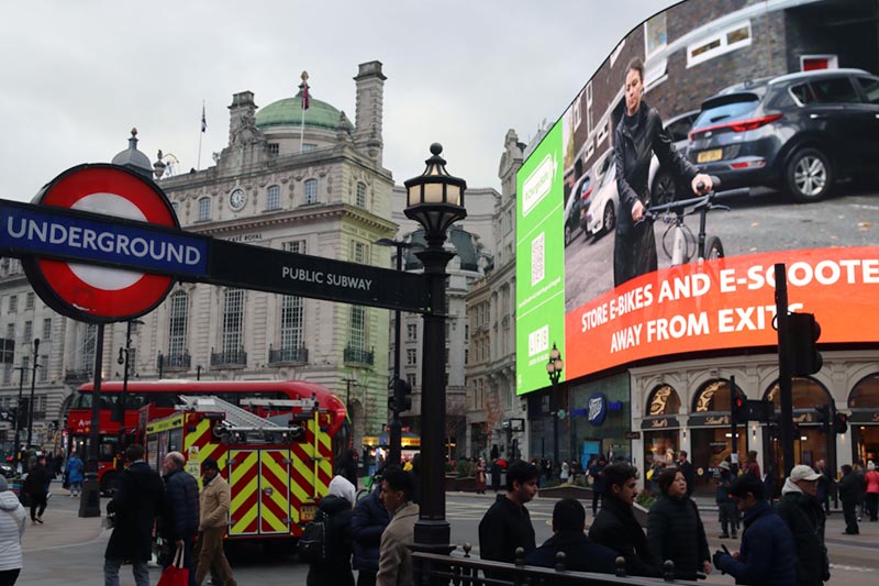 ChargeSafe campaign message on the Piccadilly Lights.