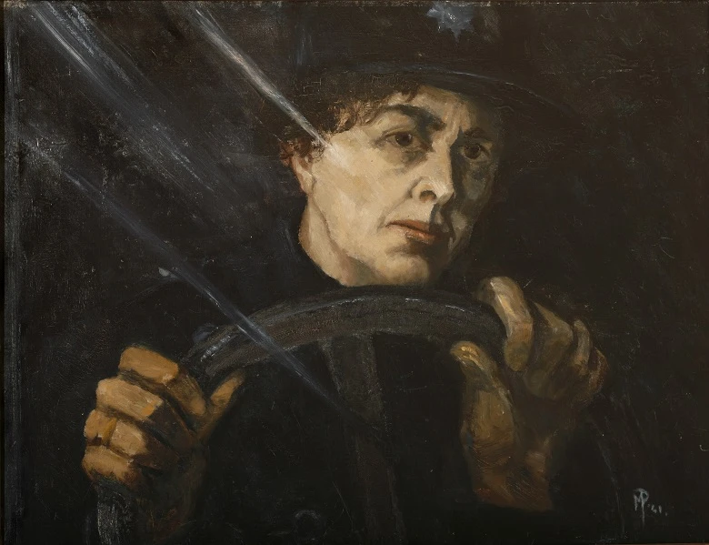a painting of a woman driving a car