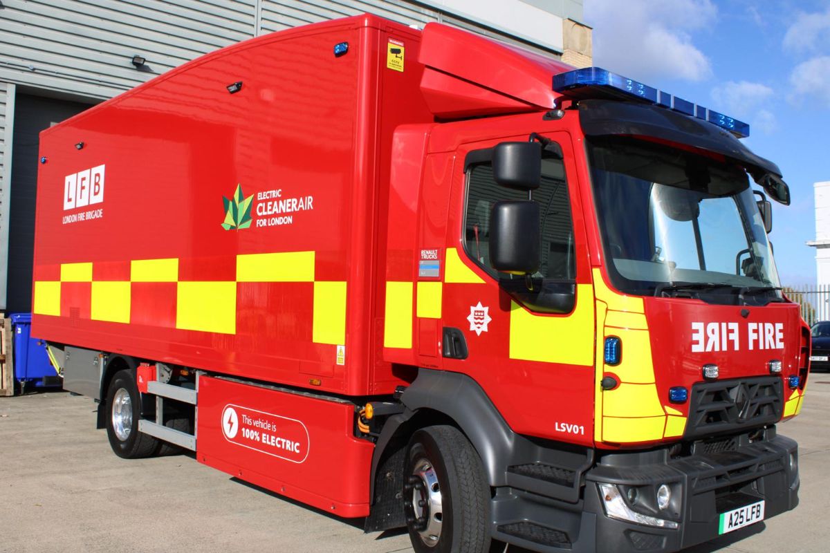 Electric operational support centre fully electric large goods vehicle in a yard